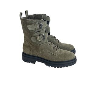 Chelsea & Violet Rhea Olive Combat Moto Buckle Studded Nubuck Boots size 8